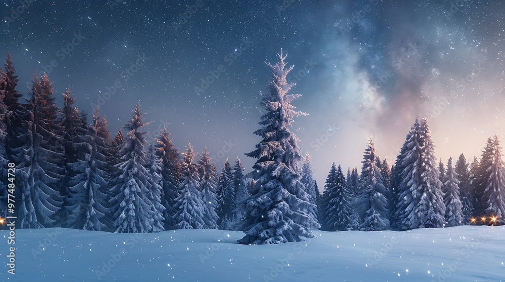 a snow-covered pine forest under a starry night sky with a faint glow of Christmas lights in the distance.