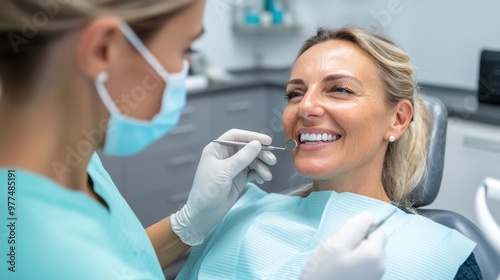 A woman at a dental clinic enjoys a satisfying dental checkup, interacting warmly with her dentist, showcasing confidence and care in a professional setting.