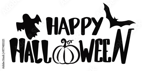 vector texte happy halloween with bat pumpkin  and cat silhouette 