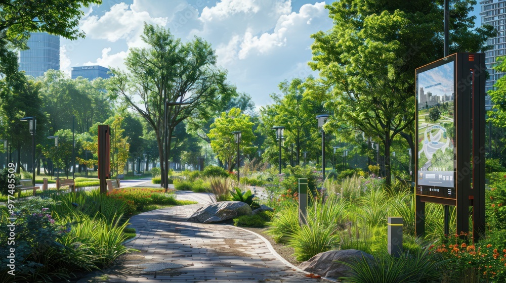 Park Pathway with City Skyline in the Background Park Pathway with City Skyline in the Background