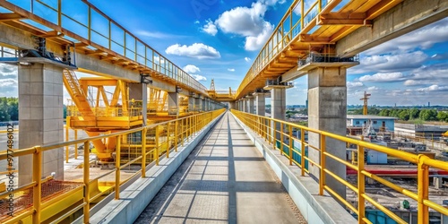 Newly built elevated walkway with yellow safety rails and a worn concrete surface stretches across a busy construction site surrounded by steel beams and equipment. photo