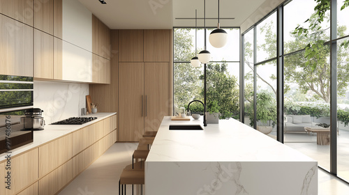 Wallpaper Mural A contemporary Scandinavian kitchen with white marble countertops, light oak cabinets, and matte black hardware. Large windows bring in natural light, creating a bright and welcoming space Torontodigital.ca
