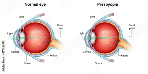 presbyopia vs Normal Eye Scientific Illustration, Light Focal Point Comparison Visualization