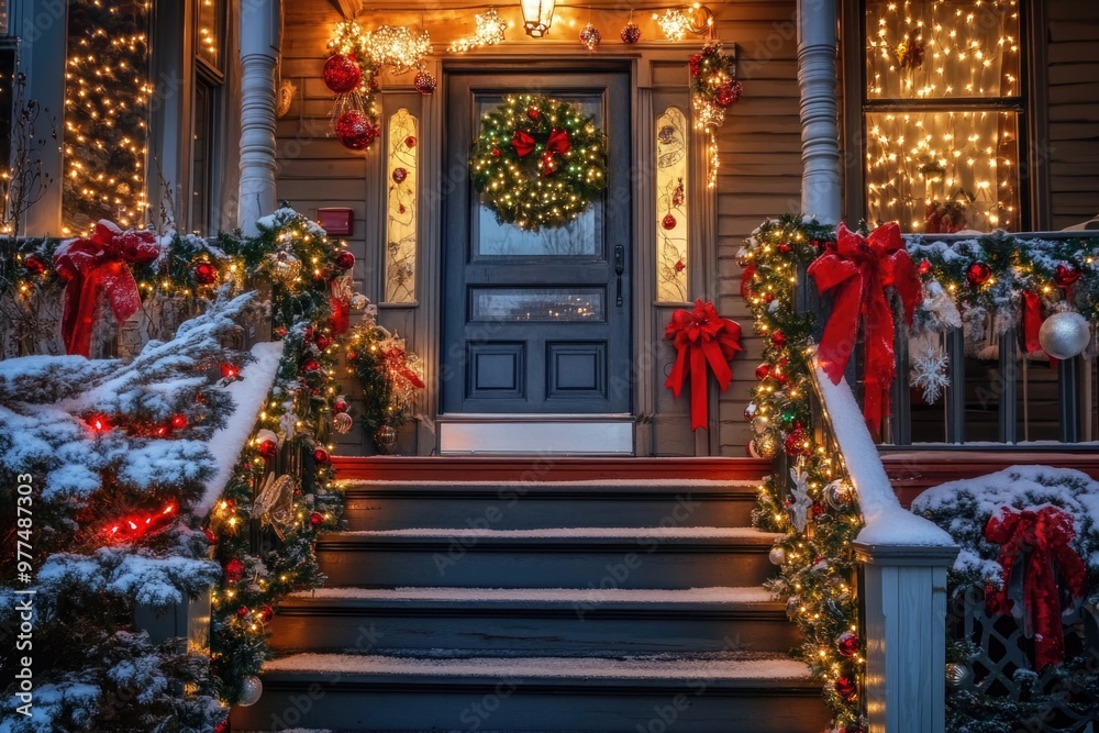 House entrance decorated for traditional winter holidays, front steps of the house with Christmas tree, ornaments and wreath on front door House entrance decorated for traditional winter holidays, front steps of the house with Christmas tree, ornaments and wreath on front door