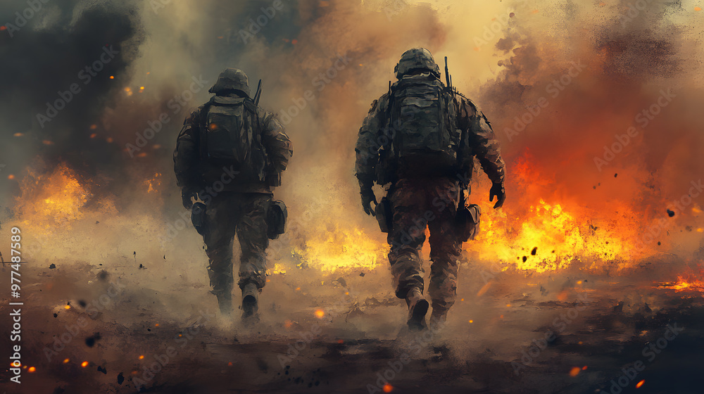 A dramatic war battle scene with soldiers in trenches, explosions lighting up the sky, smoke billowing, and chaos unfolding as troops clash amidst debris and gunfire A dramatic war battle scene with soldiers in trenches, explosions lighting up the sky, smoke billowing, and chaos unfolding as troops clash amidst debris and gunfire