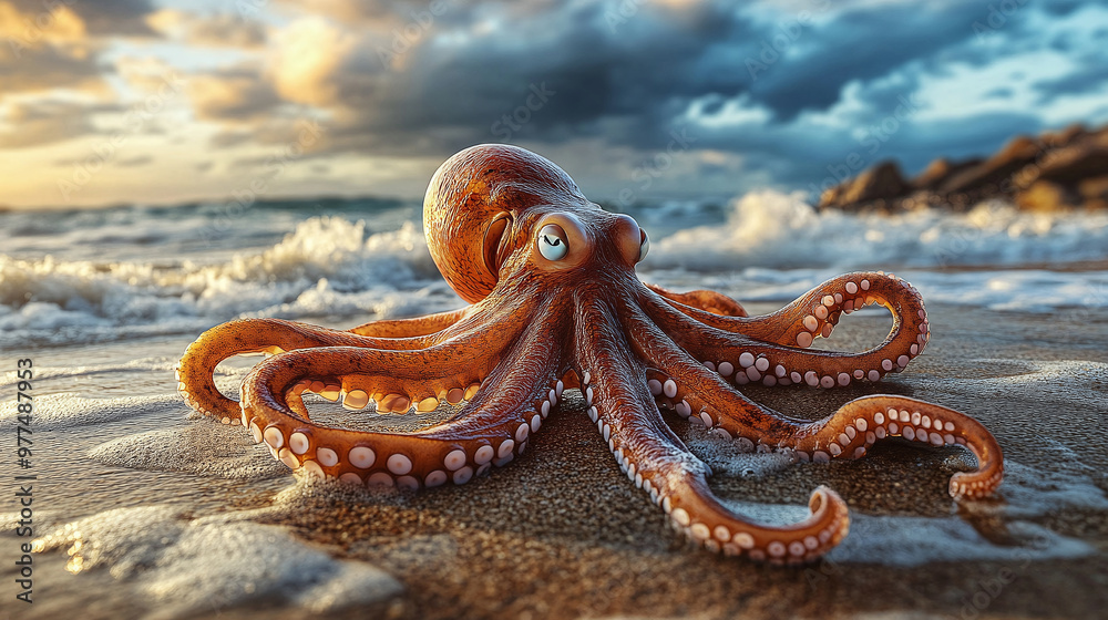 Fototapeta premium Octopus on the Beach: A Close-Up View of a Marine Wonder