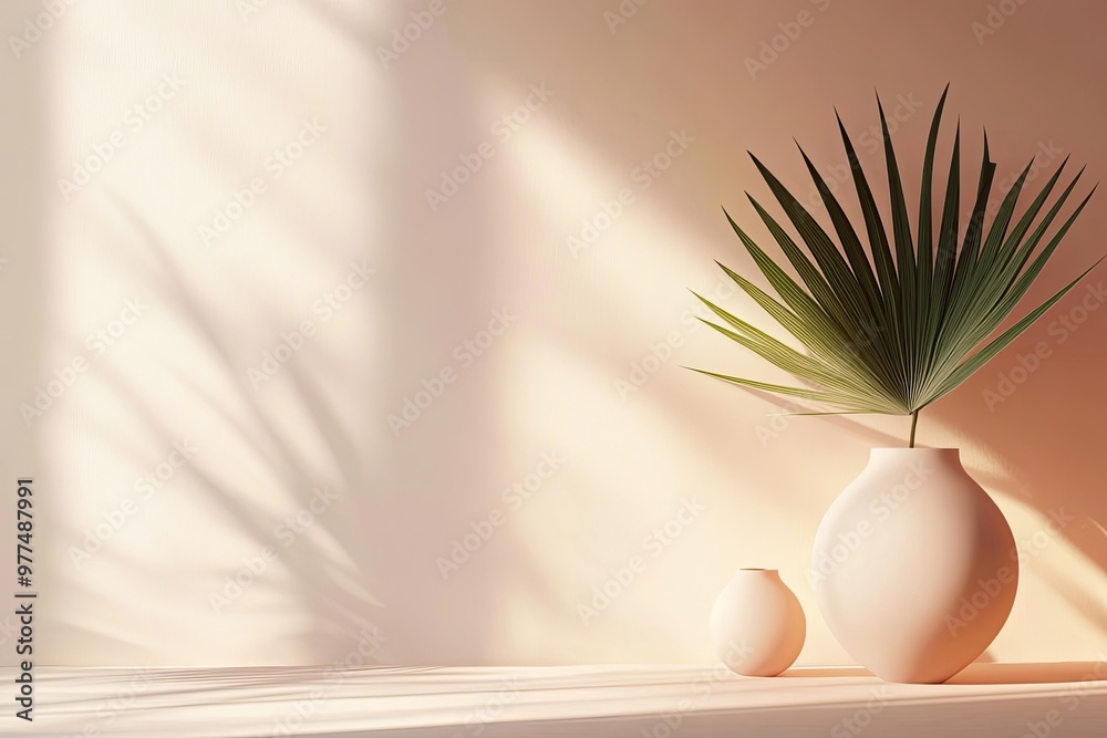 Elegant interior scene featuring a green leaf in a white vase, showcasing minimalist design and soft natural lighting. Elegant interior scene featuring a green leaf in a white vase, showcasing minimalist design and soft natural lighting.