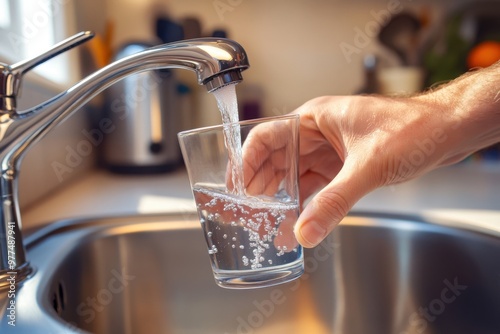 A hand holding a glass of water, with the hand under a faucet in a kitchen with a stainless steel, chrome metal frame sink and modern home interior design. 