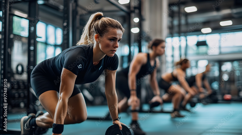 A woman in athletic wear focuses on her workout at the gym, lifting weights with determination. The bright, modern space and equipment highlight her dedication and strength A woman in athletic wear focuses on her workout at the gym, lifting weights with determination. The bright, modern space and equipment highlight her dedication and strength
