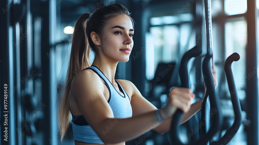 Obraz premium A woman in athletic wear focuses on her workout at the gym, lifting weights with determination. The bright, modern space and equipment highlight her dedication and strength