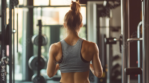 A woman in athletic wear focuses on her workout at the gym, lifting weights with determination. The bright, modern space and equipment highlight her dedication and strength