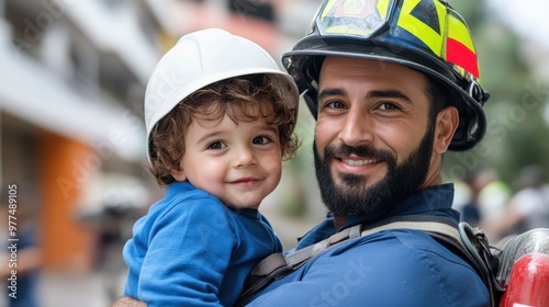 A joyful firefighter smiling warmly while holding a young child, symbolizing empathy, strength, and the positive role of first responders in society. photo