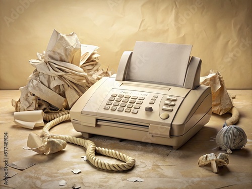 Retro beige fax machine with worn keypad and dusty display screen, surrounded by crumpled papers and empty rolls, evoking a nostalgic 90s office atmosphere. photo