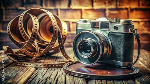 Retrospective nostalgic film reel with worn vintage camera and nostalgic lighting, evoking a sense of retro cinematic nostalgia and analog filmmaking era. photo