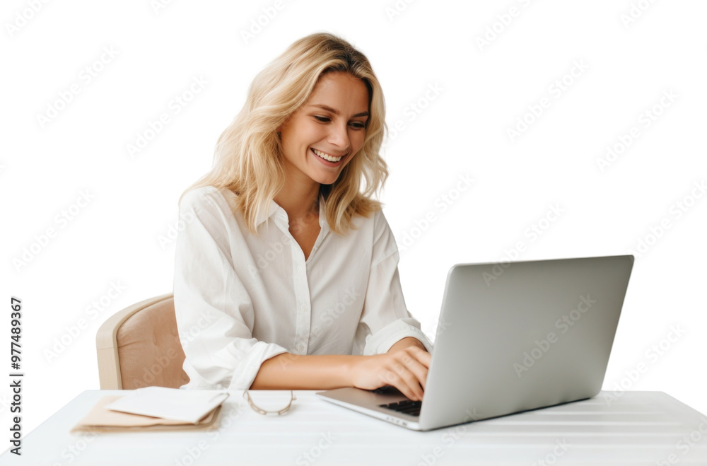 Woman working on laptop smiling Woman working on laptop smiling