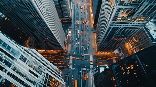 Aerial View of a Modern Urban Cityscape with Skyscrapers and Busy Streets.