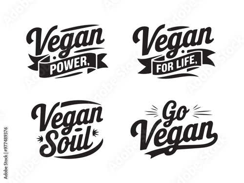 Set of Four Black-and-White Vegan-Themed Typography Designs with Decorative Flourishes