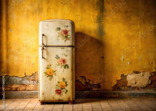 Retro-style, weary refrigerator stands against a worn, yellowed wall, rusty handle and faded floral decals hinting at decades of faithful, if outdated, kitchen service. photo