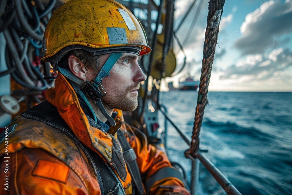 Offshore oil rig worker overlooking ocean platform Offshore oil rig worker overlooking ocean platform