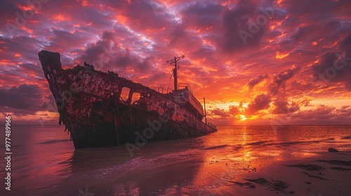 Abandoned rusty boat on shore at vibrant sunset