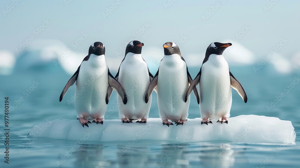 Fototapeta premium Four penguins standing on an ice floe in a calm, icy ocean. The sky is clear and blue, reflecting the serene and chilly environment.