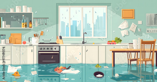 Illustration of a Flooded Kitchen with Water Damage and Floating Debris