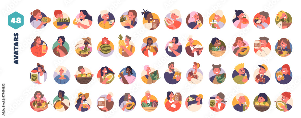 Naklejka premium Collection Of Avatars Showcasing Diverse Characters Holding Or Interacting With Different Foods Like Fruits, Vegetables