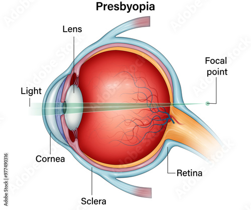 Presbyopia Eye Condition Scientific Illustration, Light Focal Point Visualization