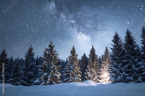 Winter landscape of a snow-covered pine forest under a starry night sky with a faint glow of Christmas lights in the distance.