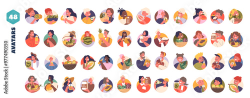 Collection Of Avatars Showcasing Diverse Characters Holding Or Interacting With Different Foods Like Fruits, Vegetables