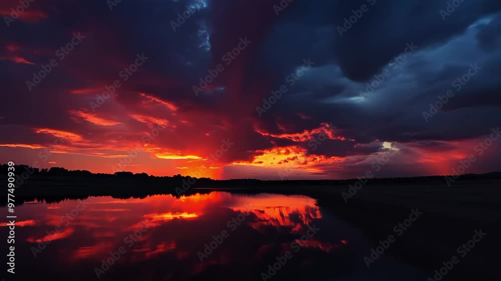 A stunning sunset over a calm body of water, reflecting vibrant orange and blue clouds in the sky. A stunning sunset over a calm body of water, reflecting vibrant orange and blue clouds in the sky.