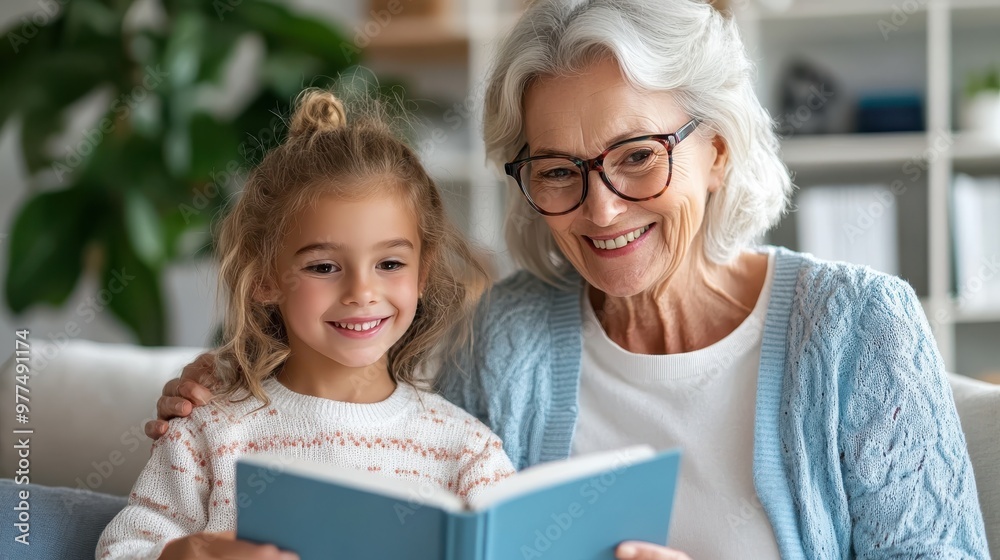 An elderly woman joyfully reads a book with her young granddaughter. The scene highlights love, bonding, and the joy of reading across generations in a comforting home. An elderly woman joyfully reads a book with her young granddaughter. The scene highlights love, bonding, and the joy of reading across generations in a comforting home.