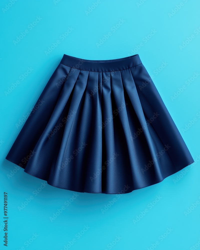 Elegant navy blue pleated skirt displayed on a vibrant blue background, perfect for fashion and clothing collections. Elegant navy blue pleated skirt displayed on a vibrant blue background, perfect for fashion and clothing collections.