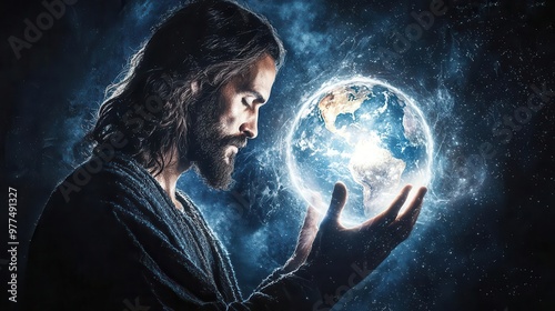 Abstract art of Jesus holding the world in his hands, radiant light symbolizing protection and care