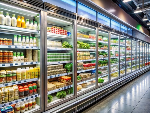 Rows of refrigerated shelves stocked with fresh produce, dairy products, and beverages in a modern, well-lit, and organized grocery store's cooling section. photo