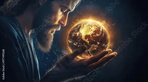Abstract art of Jesus holding the world in his hands, radiant light symbolizing protection and care