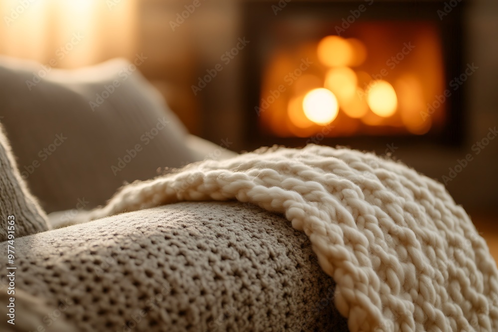 Cozy knitted blanket resting on armchair in front of fireplace Cozy knitted blanket resting on armchair in front of fireplace