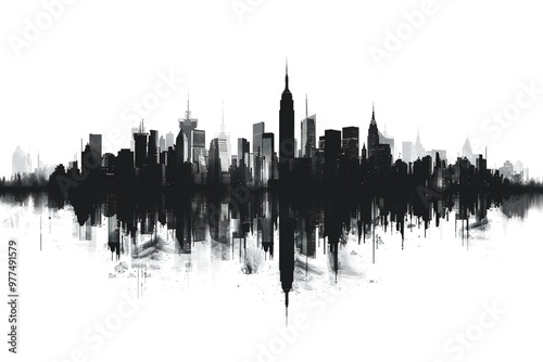 Cityscape with tall skyscrapers and office buildings. Panoramic landscape of the metropolis. Silhouettes of a modern city. Business district of the city. Vector illustration for design in flat style.