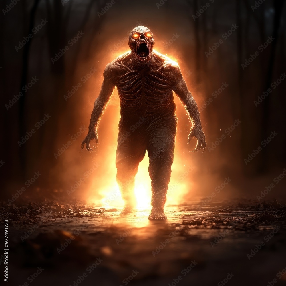 Obraz premium A terrifying creature emerges from darkness, illuminated by an eerie glow in a misty forest, evoking fear and intrigue.