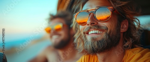 Happy Friends on a Road Trip Adventure with Sunset Reflection in Sunglasses