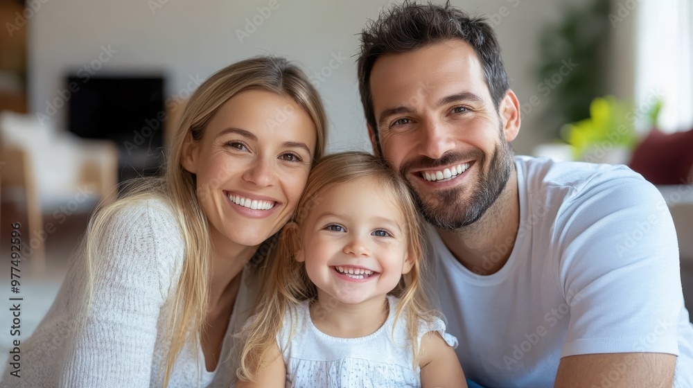 A joyful family, including a smiling young daughter, poses together, reflecting shared happiness and familial love within the warmth and comfort of their home environment. A joyful family, including a smiling young daughter, poses together, reflecting shared happiness and familial love within the warmth and comfort of their home environment.