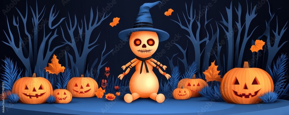 A whimsical Halloween scene featuring a skeleton in a witch hat surrounded by pumpkins, perfect for festive decorations. A whimsical Halloween scene featuring a skeleton in a witch hat surrounded by pumpkins, perfect for festive decorations.