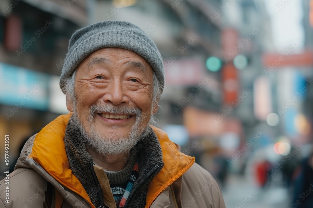 Fototapeta premium Older Asian man smiles warmly while standing on a bustling city street during a cloudy day