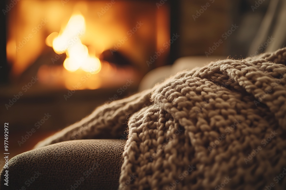 Warm knitted blanket on armchair by burning fireplace Warm knitted blanket on armchair by burning fireplace