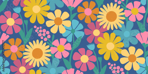 Vibrant floral pattern with stylized yellow daisies, pink, red, blue flowers and green leaves on deep blue background in a playful retro aesthetic. Wallpaper Design for Textiles, Fabrics.