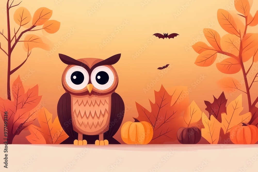 A whimsical owl surrounded by autumn leaves and pumpkins, perfect for fall-themed designs and illustrations. A whimsical owl surrounded by autumn leaves and pumpkins, perfect for fall-themed designs and illustrations.