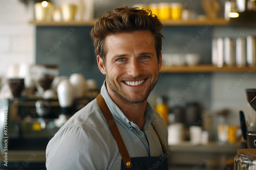 Obraz premium Handsome Caucasian male baritsta with copy space 