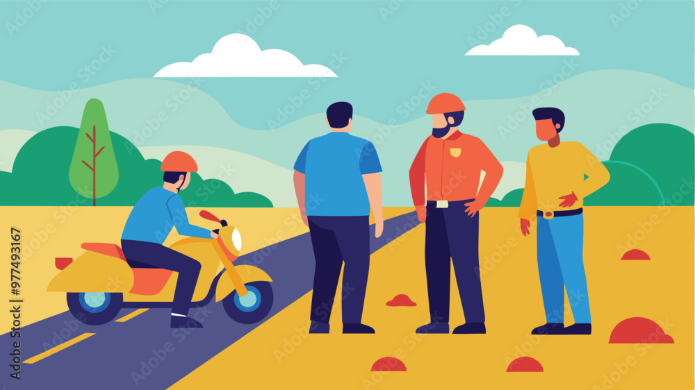 Fototapeta premium Accident and emergency and police officers examining the aftermath of a motorcycle accident on a road