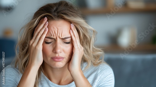 A woman in visible anguish, her face showing significant stress as she holds her head with both hands, exemplifying the physical manifestation of mental burden.