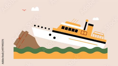 A Disaster Boat accident sinking in the sea, dangers and risks of maritime travel for marine safety, emergency